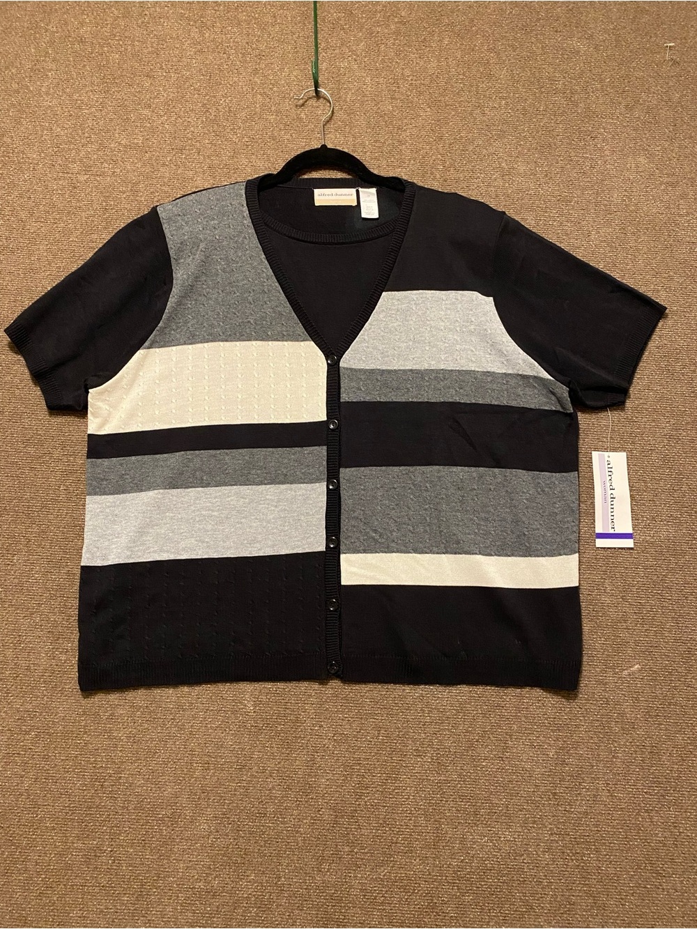 NWT Alfred Dunner Sweater 3X Black Gray Cream Striped Mock Layered Design